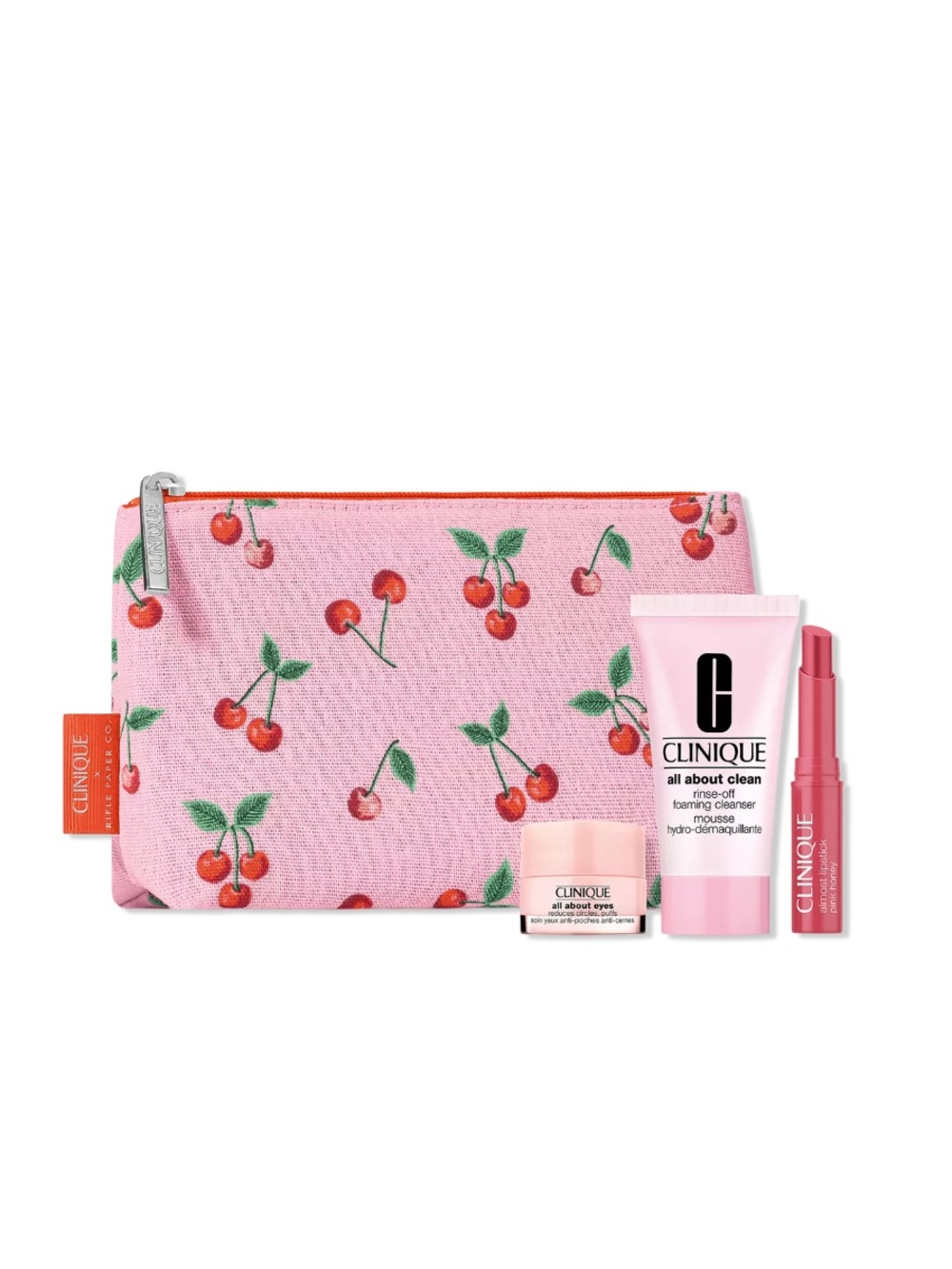 Clinique Cherry Print Pink Cosmetic Bag Set with Travel sized items